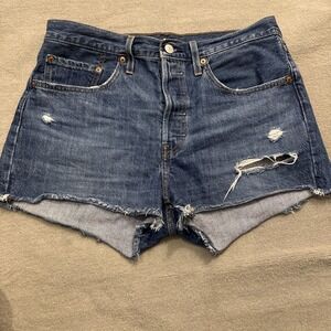 Levis 501 Hi-Rise Shorts Womens Sz 34 Blue Button‎ Fly Distress Raw Hem Booty